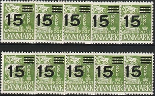 FRIMÆRKER DANMARK | 1940 - AFA 263a - Provisorier - 15/40 øre grøn type II (208a) x 10 stk. - Postfrisk